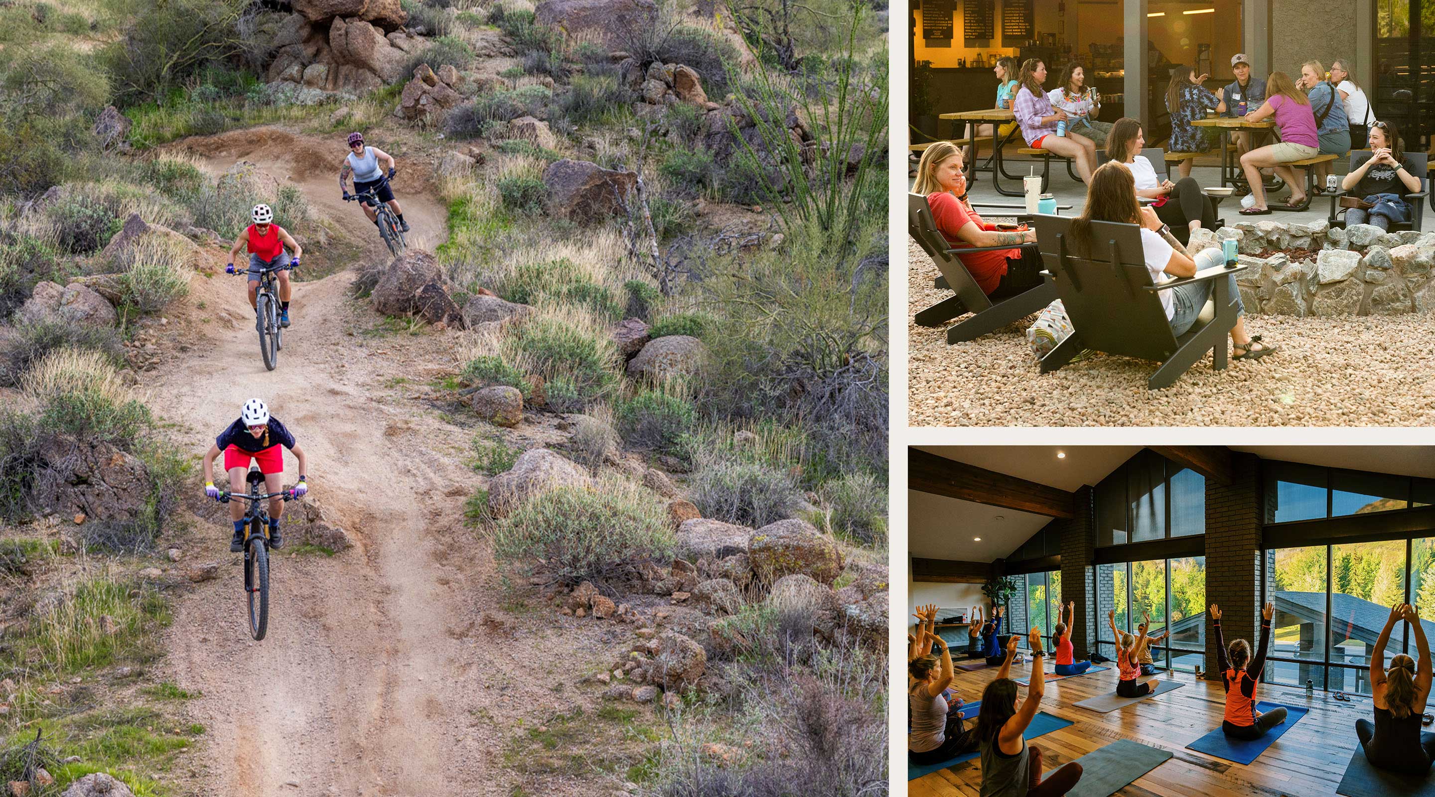 Photo collage showing women mountain biking, hanging out, and practicing yoga