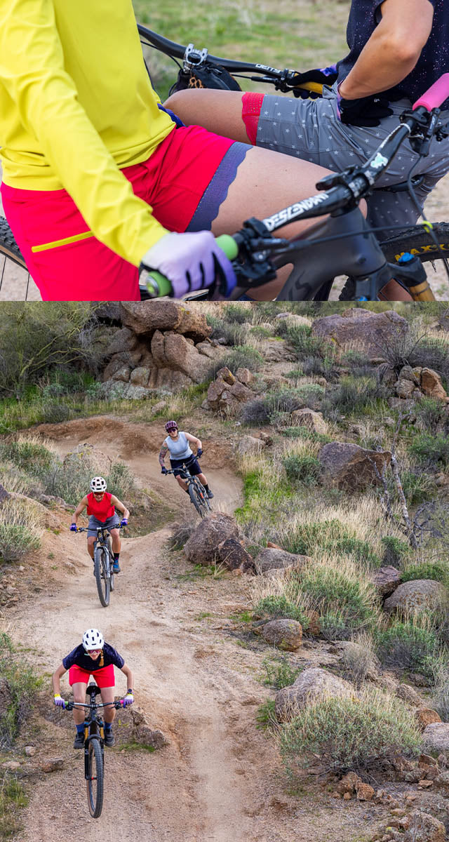 Mobile Version - Two images with the top image of two women sitting on bikes. Second image below with three women mountain bikers riding dirt trail